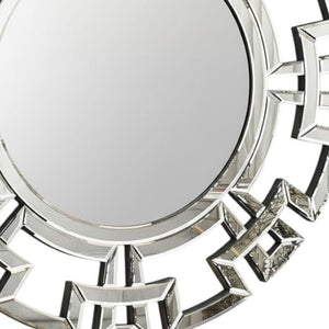HomeRoots 32" Silver Mirrored Glass Round Accent Mirror - Art Deco Geometric Design for Glam Living Spaces 642841