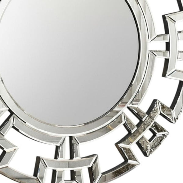 HomeRoots 32" Silver Mirrored Glass Round Accent Mirror - Art Deco Geometric Design for Glam Living Spaces 642841