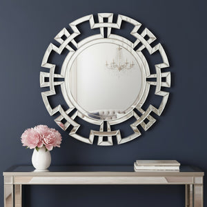 HomeRoots 32" Silver Mirrored Glass Round Accent Mirror - Art Deco Geometric Design for Glam Living Spaces 642841