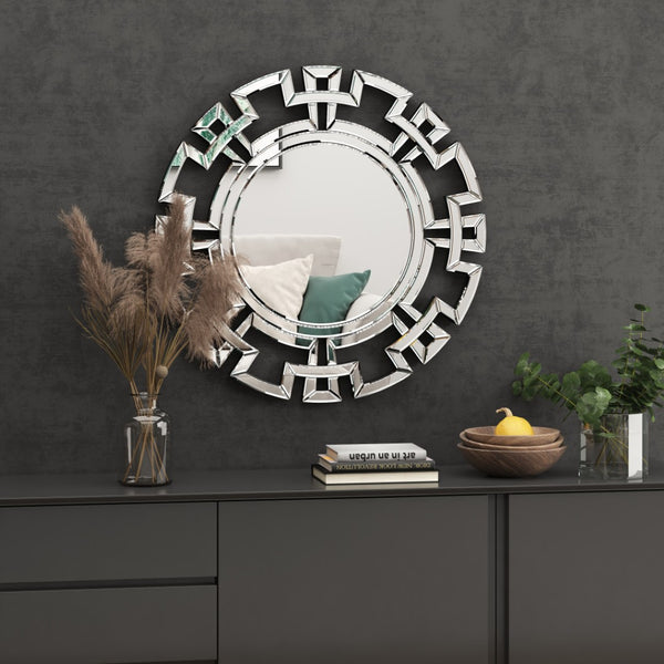 HomeRoots 32" Silver Mirrored Glass Round Accent Mirror - Art Deco Geometric Design for Glam Living Spaces 642841
