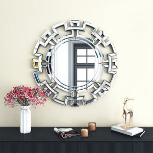 HomeRoots 32" Silver Mirrored Glass Round Accent Mirror - Art Deco Geometric Design for Glam Living Spaces 642841
