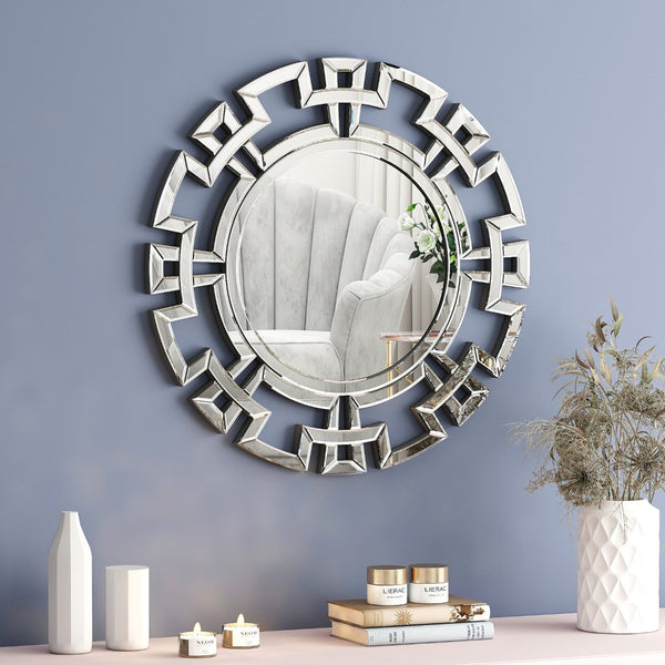 HomeRoots 32" Silver Mirrored Glass Round Accent Mirror - Art Deco Geometric Design for Glam Living Spaces 642841