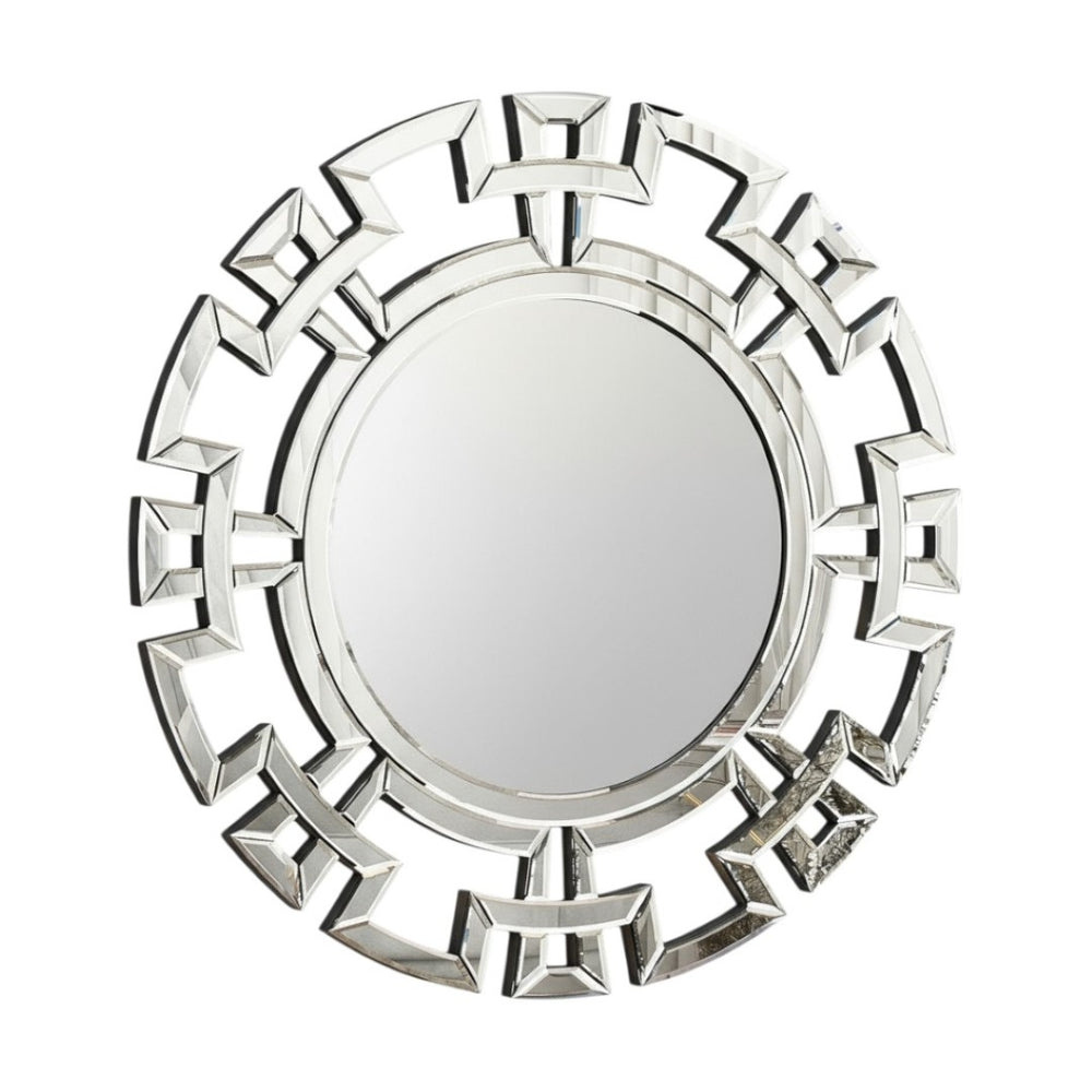 HomeRoots 32" Silver Mirrored Glass Round Accent Mirror - Art Deco Geometric Design for Glam Living Spaces 642841