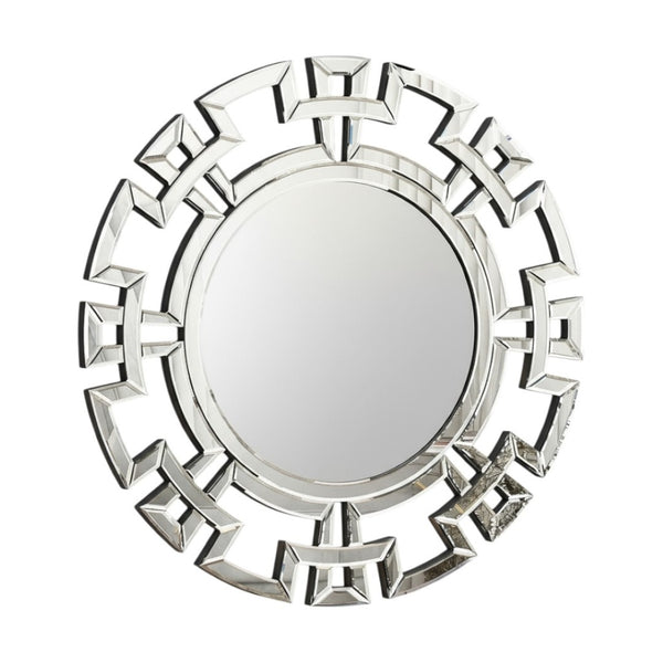 HomeRoots 32" Silver Mirrored Glass Round Accent Mirror - Art Deco Geometric Design for Glam Living Spaces 642841