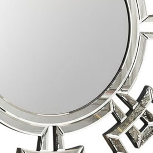 HomeRoots 32" Silver Mirrored Glass Round Accent Mirror - Art Deco Geometric Design for Glam Living Spaces 642841