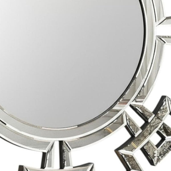HomeRoots 32" Silver Mirrored Glass Round Accent Mirror - Art Deco Geometric Design for Glam Living Spaces 642841