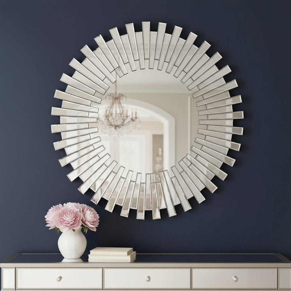 HomeRoots 18" Silver Glass Sunburst Accent Mirror - Glamorous Wall Decor for Modern Interiors & Elegant Spaces 642842