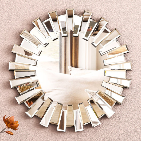 HomeRoots 18" Silver Glass Sunburst Accent Mirror - Glamorous Wall Decor for Modern Interiors & Elegant Spaces 642842