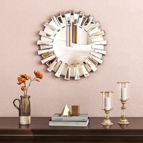 HomeRoots 18" Silver Glass Sunburst Accent Mirror - Glamorous Wall Decor for Modern Interiors & Elegant Spaces 642842