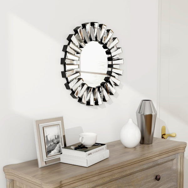 HomeRoots 18" Silver Glass Sunburst Accent Mirror - Glamorous Wall Decor for Modern Interiors & Elegant Spaces 642842
