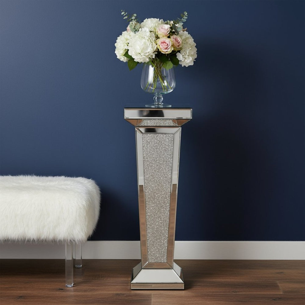 HomeRoots 35" Silver Mirrored Glass Pedestal Accent Table with Faux Crystals - Glamorous & Multi-Functional Design 642844