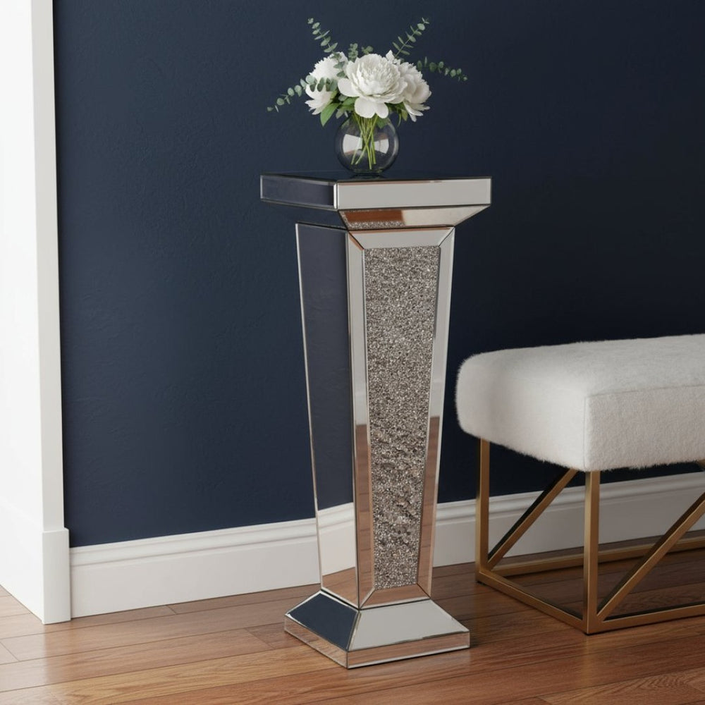 HomeRoots 35" Silver Mirrored Glass Pedestal Accent Table with Faux Crystals - Glamorous & Multi-Functional Design 642844