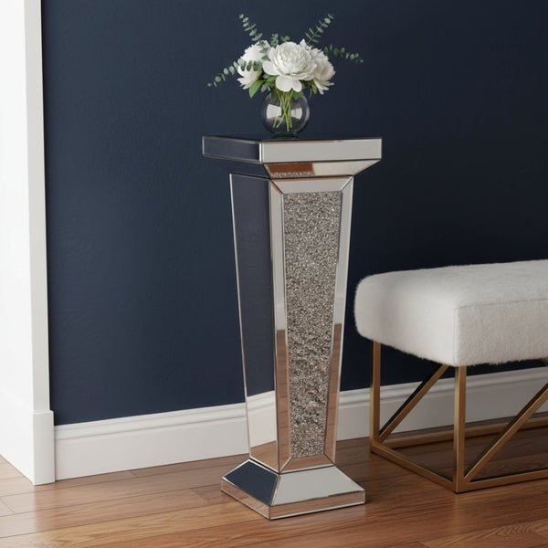 HomeRoots 35" Silver Mirrored Glass Pedestal Accent Table with Faux Crystals - Glamorous & Multi-Functional Design 642844
