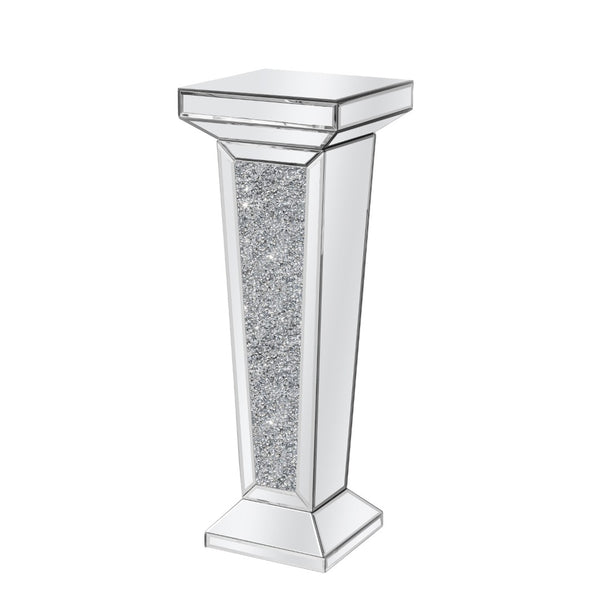 HomeRoots 35" Silver Mirrored Glass Pedestal Accent Table with Faux Crystals - Glamorous & Multi-Functional Design 642844