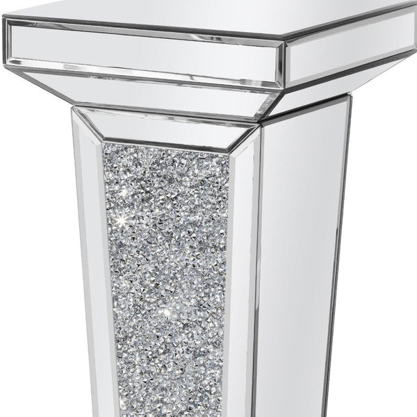 HomeRoots 35" Silver Mirrored Glass Pedestal Accent Table with Faux Crystals - Glamorous & Multi-Functional Design 642844