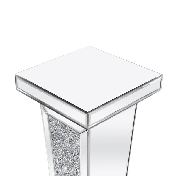 HomeRoots 35" Silver Mirrored Glass Pedestal Accent Table with Faux Crystals - Glamorous & Multi-Functional Design 642844