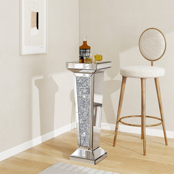 HomeRoots 35" Silver Mirrored Glass Pedestal Accent Table with Faux Crystals - Glamorous & Multi-Functional Design 642844