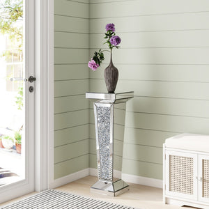 HomeRoots 35" Silver Mirrored Glass Pedestal Accent Table with Faux Crystals - Glamorous & Multi-Functional Design 642844
