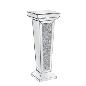 HomeRoots 35" Silver Mirrored Glass Pedestal Accent Table with Faux Crystals - Glamorous & Multi-Functional Design 642844