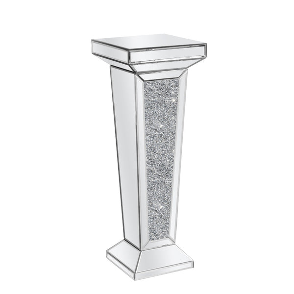 HomeRoots 35" Silver Mirrored Glass Pedestal Accent Table with Faux Crystals - Glamorous & Multi-Functional Design 642844