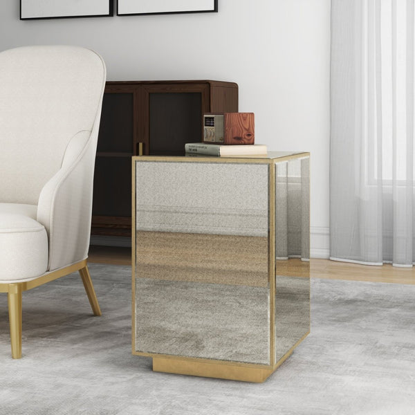 HomeRoots 22" Stunning Silver and Gold Mirrored Glass End Table – Chic, Ready-to-Use Accent for Any Room 642846