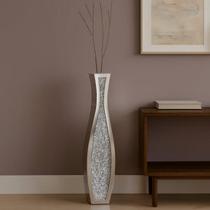 HomeRoots 36" Glamorous Silver Faux Crystal & Mirrored Glass Floor Vase for Stunning Floral Arrangements 642850