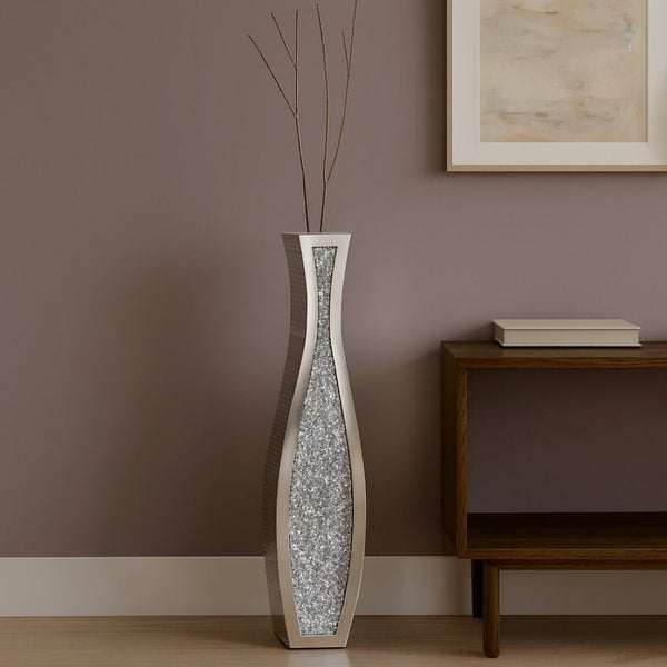 HomeRoots 36" Glamorous Silver Faux Crystal & Mirrored Glass Floor Vase for Stunning Floral Arrangements 642850