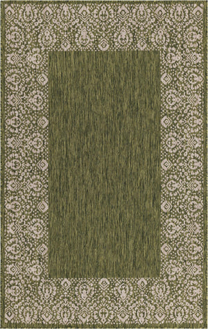 Unique Loom Outdoor Border Floral Border Machine Made Floral Rug Green, Ivory/Gray 5' 3" x 8' 0"
