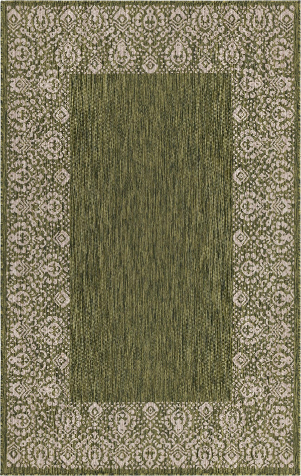 Unique Loom Outdoor Border Floral Border Machine Made Floral Rug Green, Ivory/Gray 5' 3" x 8' 0"