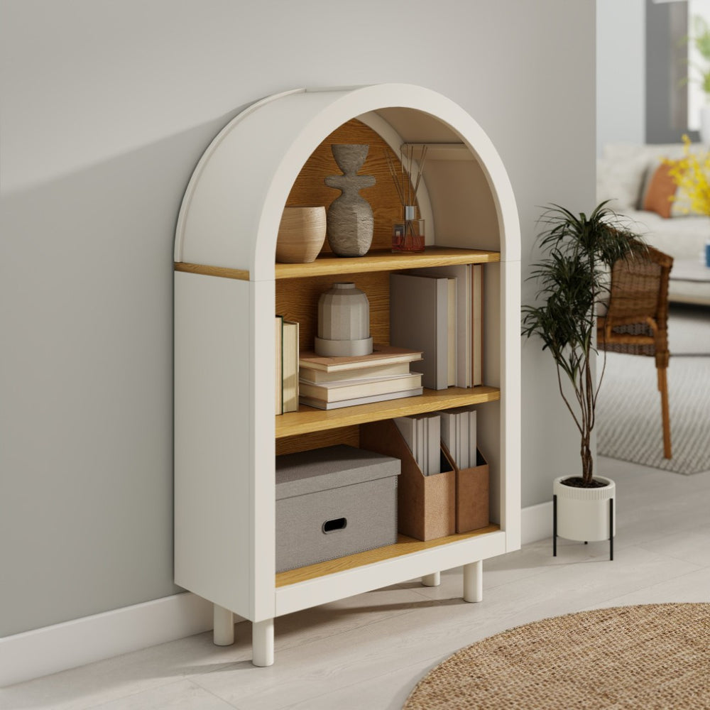 English Elm Arched Three Tier Bookshelf White Frame Woodgrain Shelves Modern Storage for Any Room W2557P428368