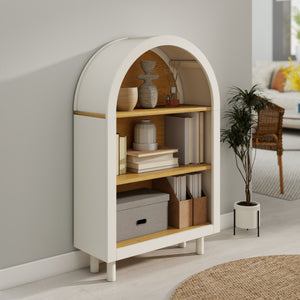 English Elm Arched Three Tier Bookshelf White Frame Woodgrain Shelves Modern Storage for Any Room W2557P428368