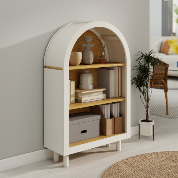 English Elm Arched Three Tier Bookshelf White Frame Woodgrain Shelves Modern Storage for Any Room W2557P428368
