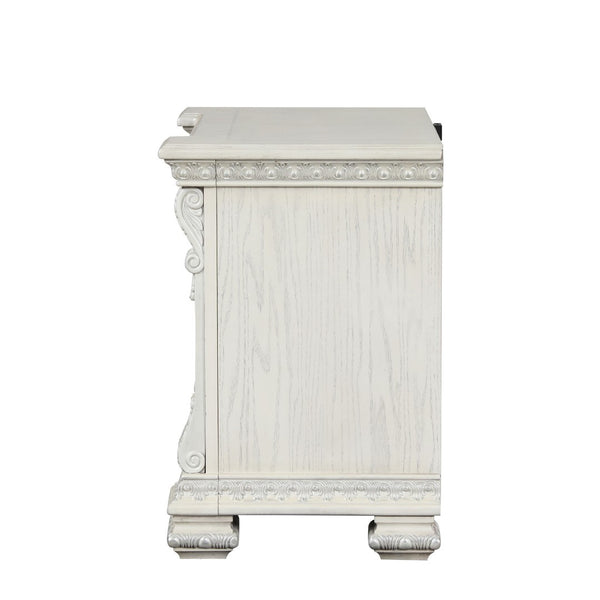English Elm Ornate Silver Molding Nightstand with Usb Charging Dovetail Drawers Bedroom Storage White B2741P431064