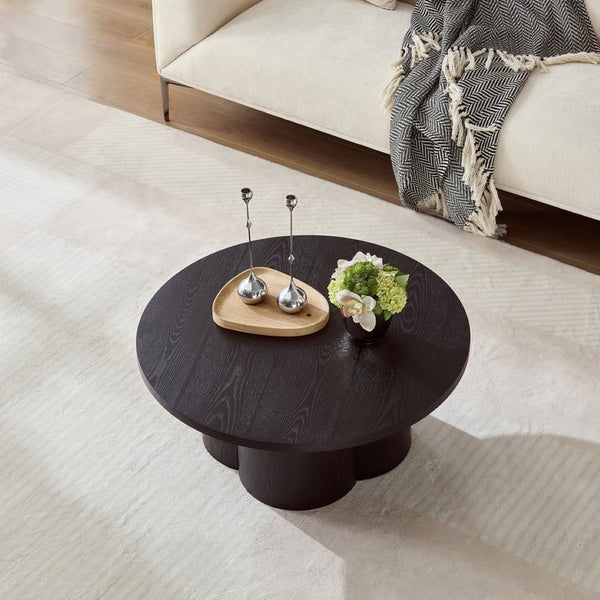 English Elm Round Wood Grain Coffee Table with Curved Bentwood Legs for Modern Living Rooms Black W2085P400929