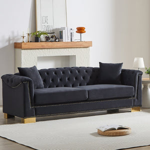 English Elm {video] Tufted Black Velvet Chesterfield Sofa with Gold Studs Three Seat Living Room Black+Blue W1926S00097