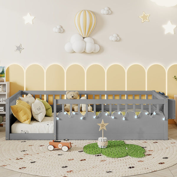 English Elm Twin Montessori Floor Bed Frame with High Rails and Built-In Light Shelf for Safe Independent Sleep Grey 79.13 L x 13 W x 6.3 H W2593P333797