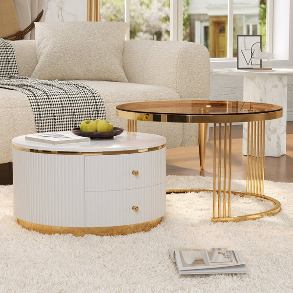 English Elm Modern Round Nesting Coffee Table Set with Gold Pedestal Legs and Storage Drawers Brown,White N735P349323D