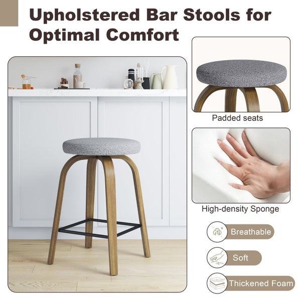 English Elm Swivel Backless Counter Stools Set of 2 with Fabric Seat Bentwood Legs Mid-century Modern Gray W3107P449831