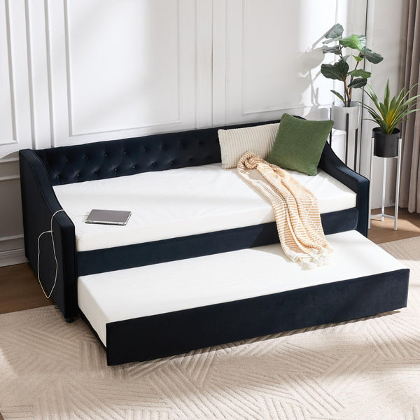English Elm Twin Velvet Daybed with Pull Out Trundle Tufted Back Usb Port and Side Pockets Black W1361S00039