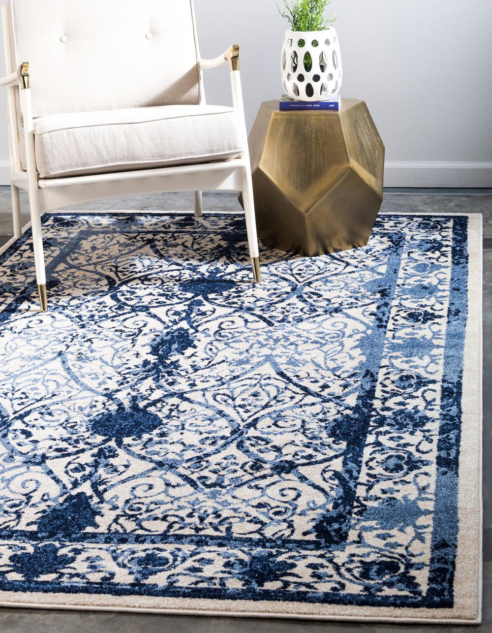 Unique Loom La Jolla Traditional Machine Made Floral Rug Ivory and Blue, Blue/Light Blue/Navy Blue 6' 1" x 9' 0"