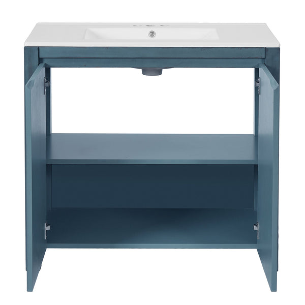 English Elm 36" Bathroom Vanity Organizer with Ceramic Sink, Solid Wood Distressed Finish, Hand-Painted Charm and Ample Storage Retro Blue N729P255666C
