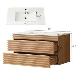 English Elm 36" Wall Mounted Floating Single Vanity Natural Walnut with Ceramic Sink, 2 Drawers, Fully Assembled Elegance W1826P308971