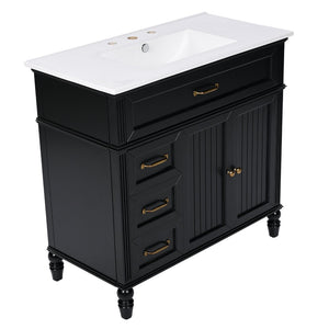 English Elm [video] 36 Inch Freestanding Bathroom Vanity Acacia Wood Legs Ceramic Sink Soft Close Black N759S340019B