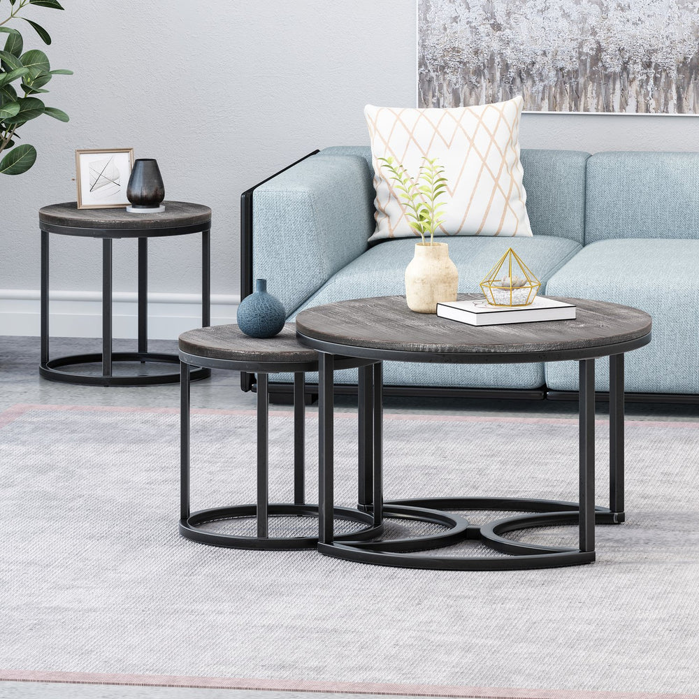 English Elm Christopher Knight Home® - COFFEE Modern Industrial Nesting Table Set — Wire‑Brushed Firwood Tops with Sturdy Iron Frame Durable Style Black+Silver 67141.00