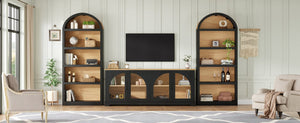 English Elm 3-piece Farmhouse Entertainment Center with Arched Glass Doors and Open Tower Shelving Black N721S000070B