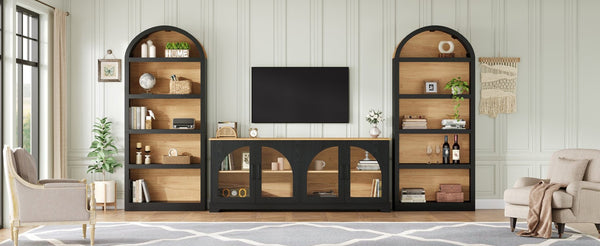 English Elm 3-piece Farmhouse Entertainment Center with Arched Glass Doors and Open Tower Shelving Black N721S000070B