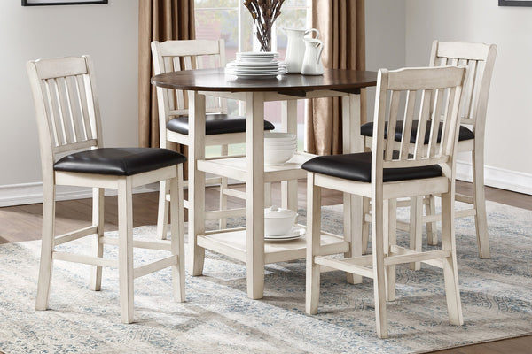English Elm White White-Wash & Dark Cherry Counter Height Drop-Leaf Table with Dual Shelves, Space-Saving Rustic Charm B011P239558
