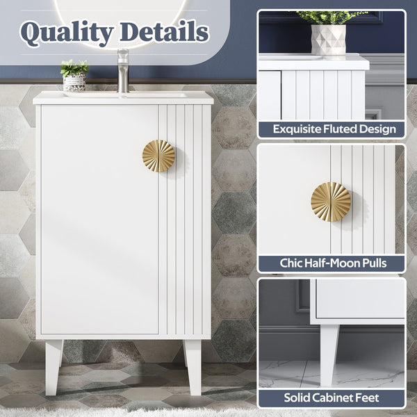 English Elm 20-inch French Style Bathroom Vanity with Integrated Ceramic Sink, Carved Accents & Soft-Close Door White N710P330971K