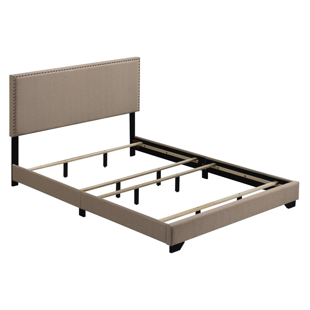 English Elm Beige Plush Upholstered Panel Bed with Nailhead Trim, Cozy Queen Headboard, Durable Wood Legs (96) B062P181283