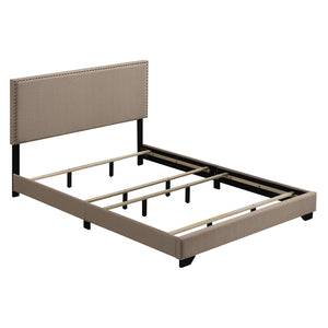 English Elm Beige Plush Upholstered Panel Bed with Nailhead Trim, Cozy Queen Headboard, Durable Wood Legs (96) B062P181283